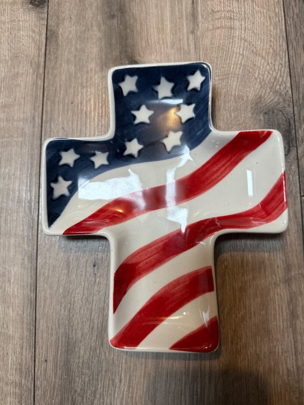 American Flag Cross-Shaped Ceramic Dish Food Safe & Microwave Safe Red/White/Blu